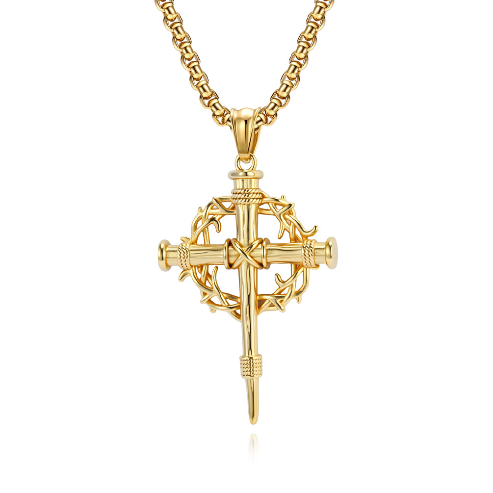horn Wreath Titanium Steel Cross Necklace – Punk Gothic Nail &amp; Crown of Thorns Pendant, Tarnish-Free Unisex Streetwear Jewelry for Men &amp; Women
