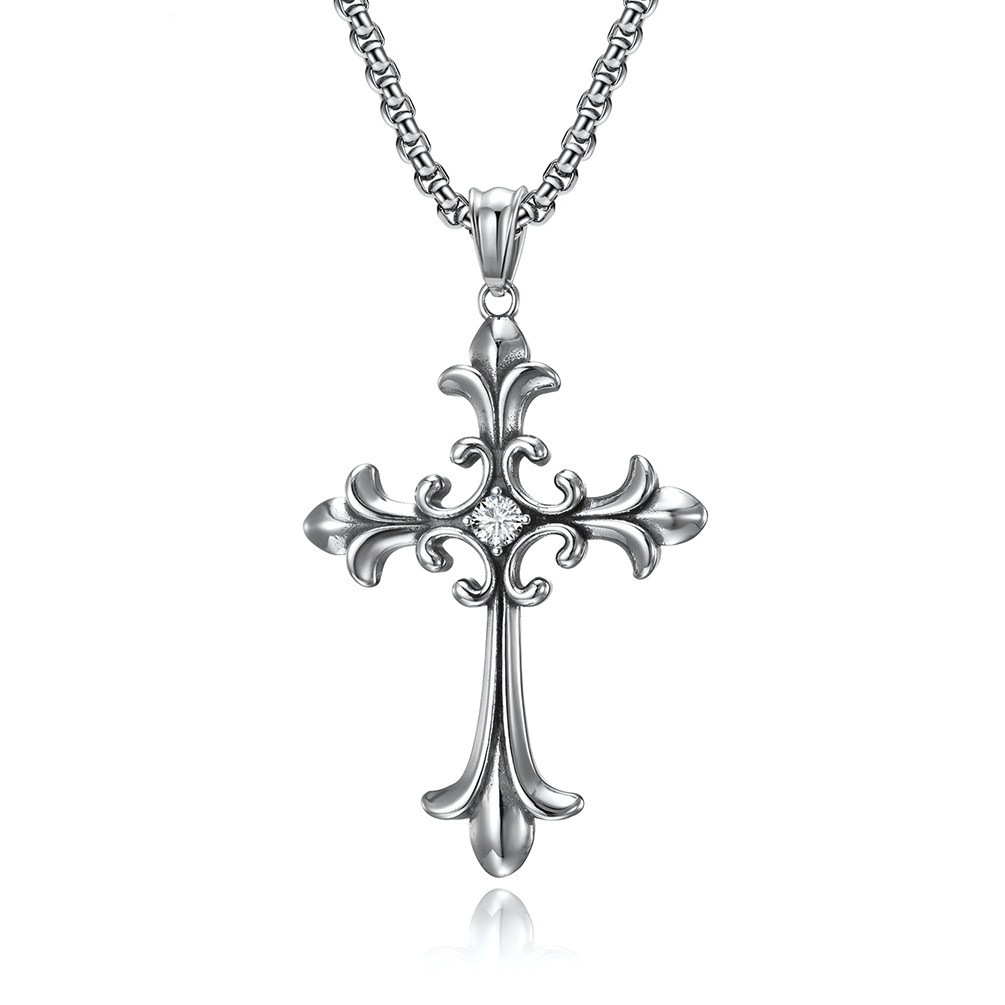 Gothic Vintage Cross Pendant with Crystal – Titanium Steel Ornate Religious Jewelry, Tarnish-Free Unisex Statement Necklace for Men &amp;amp; Women
