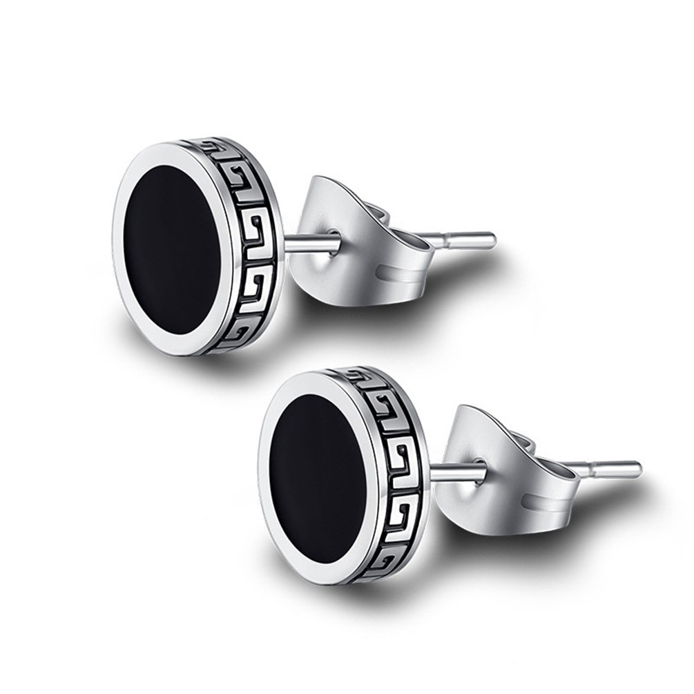 Chinese Great Wall Pattern Titanium Steel Stud Earrings – Black Enamel with Geometric Border, Tarnish-Free Unisex Hip Hop Ear Accessory for Men &amp; Women