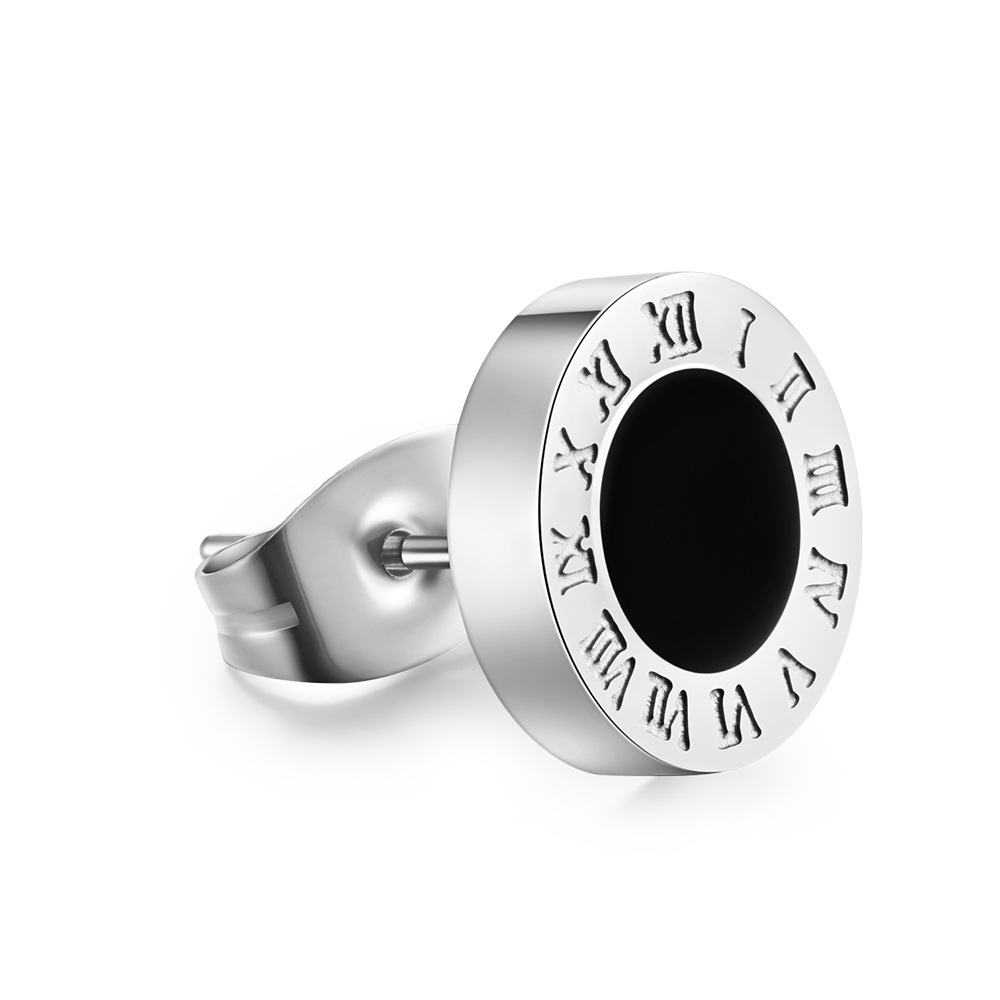 Unisex Titanium Steel Roman Numeral Stud Earrings – Rose Gold with Black Enamel Center, Tarnish-Free Hip Hop Ear Accessory for Men &amp; Women