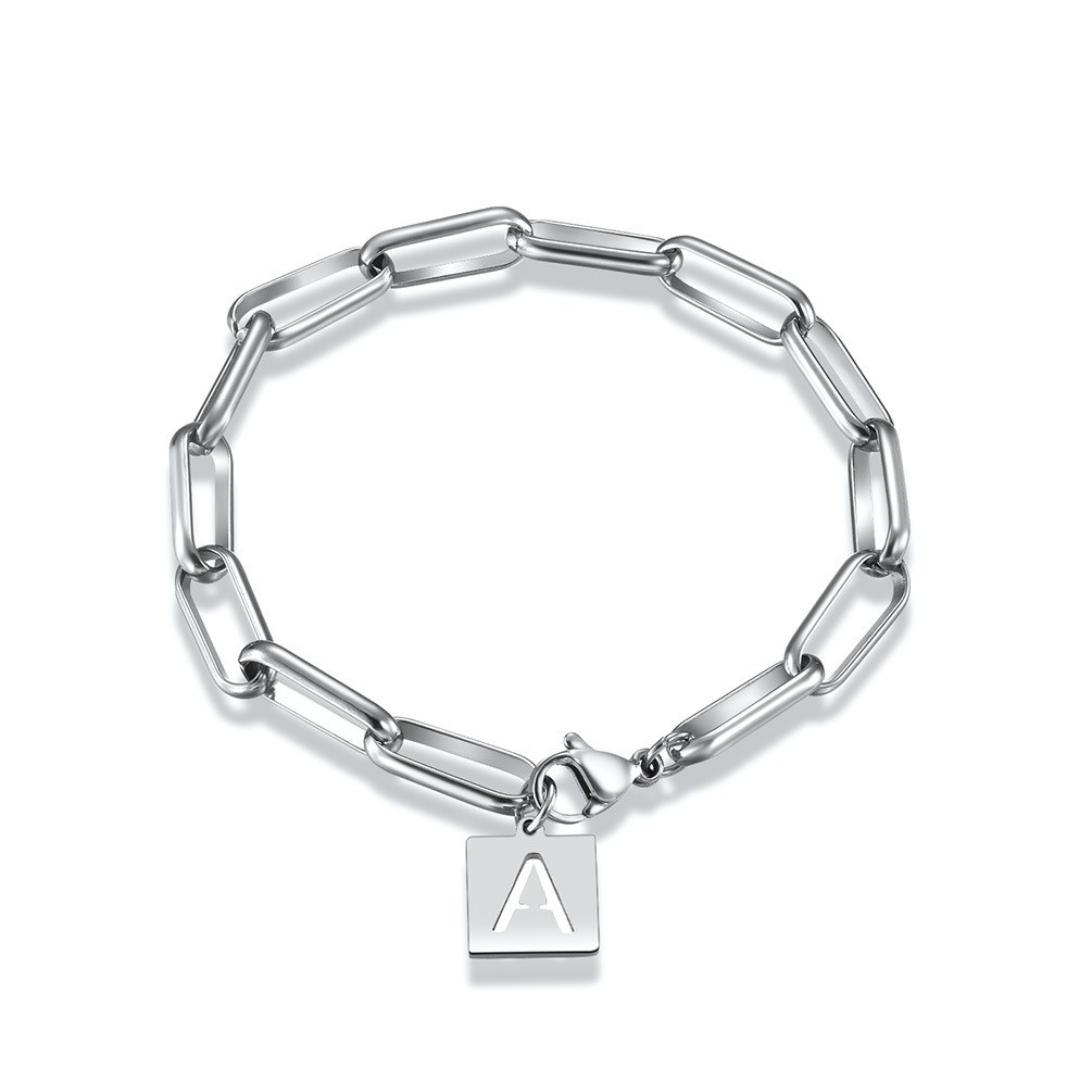 Personalized Initial Letter Titanium Steel Bracelet – Minimalist Square Pendant with Oval Chain, Tarnish-Free Custom Name Jewelry for Men &amp;amp; Women