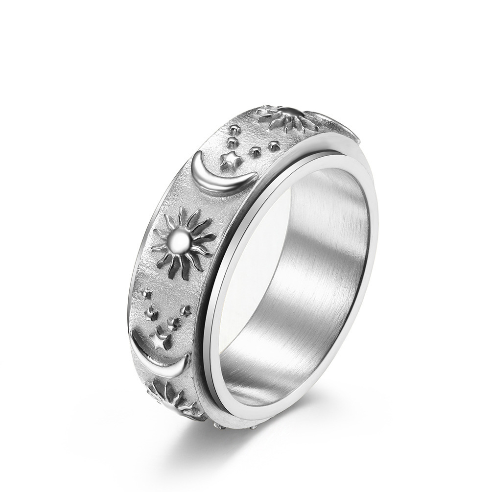 Spinning Star Moon Sun Titanium Steel Ring, Rotatable Fidget Anxiety Relief Band, Creative Stress Reliever Jewelry for Men &amp;amp;amp;amp;amp;amp;amp; Women